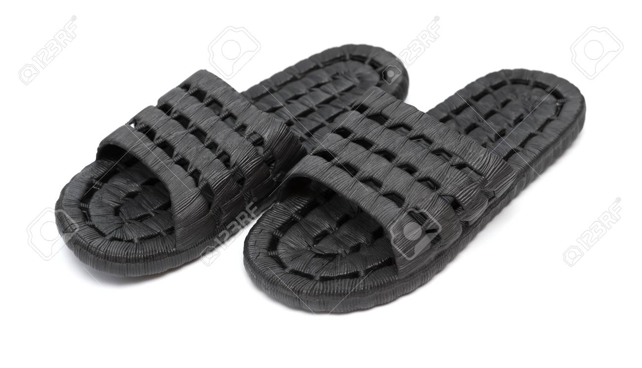 black plastic flip flops
