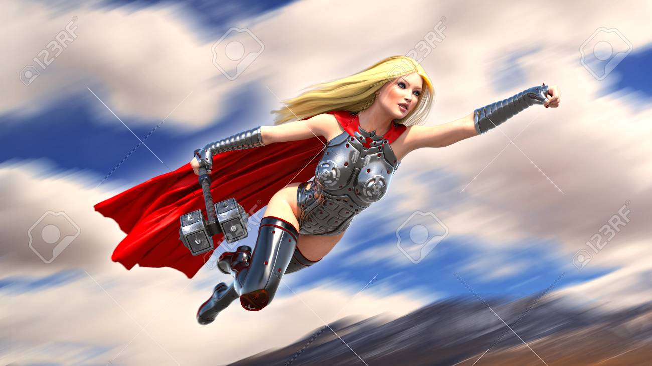 Nordic Heroine Woman Flying With Hammer Norse Mythology Superhero
