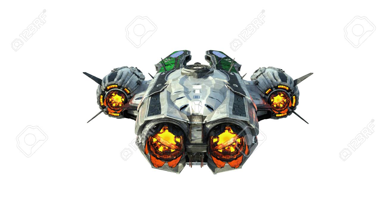 Alien UFO Spaceship, Spacecraft In Flight Isolated On White Background,  Back View, 3D Rendering Stock Photo, Picture and Royalty Free Image. Image  134867522., image size:1300x731