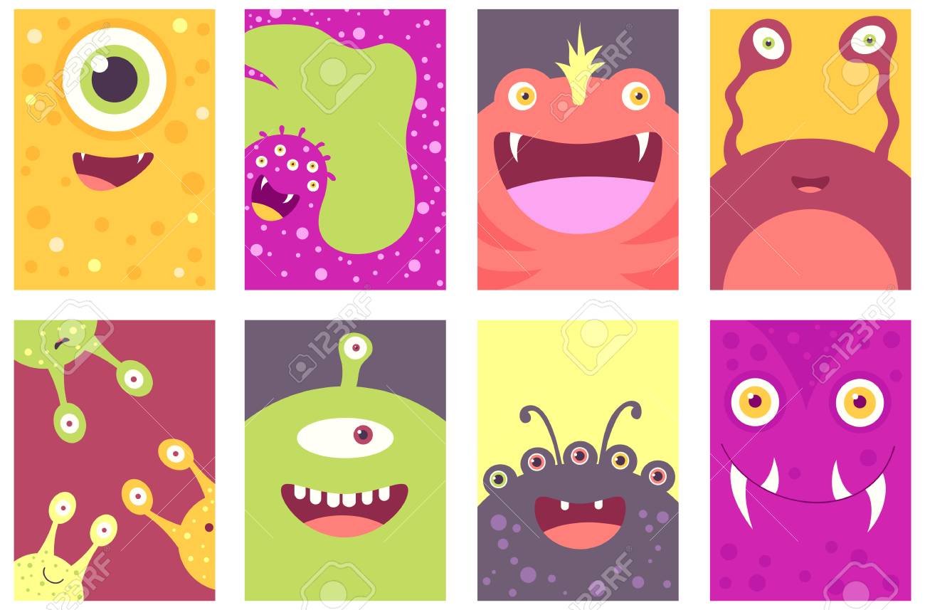 collection of banner background flyer placard with cute monsters cute flyer background