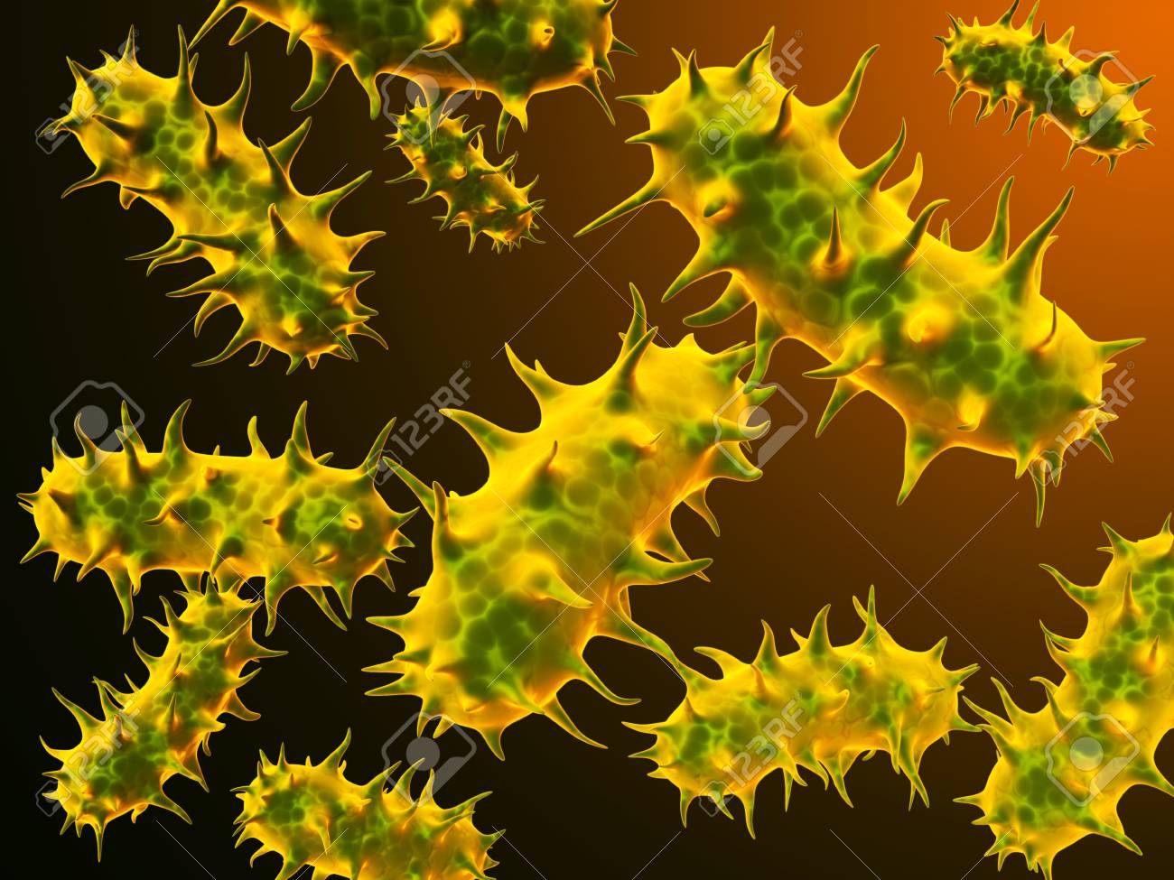 many pathogen viruses on abstract background of orange and brown