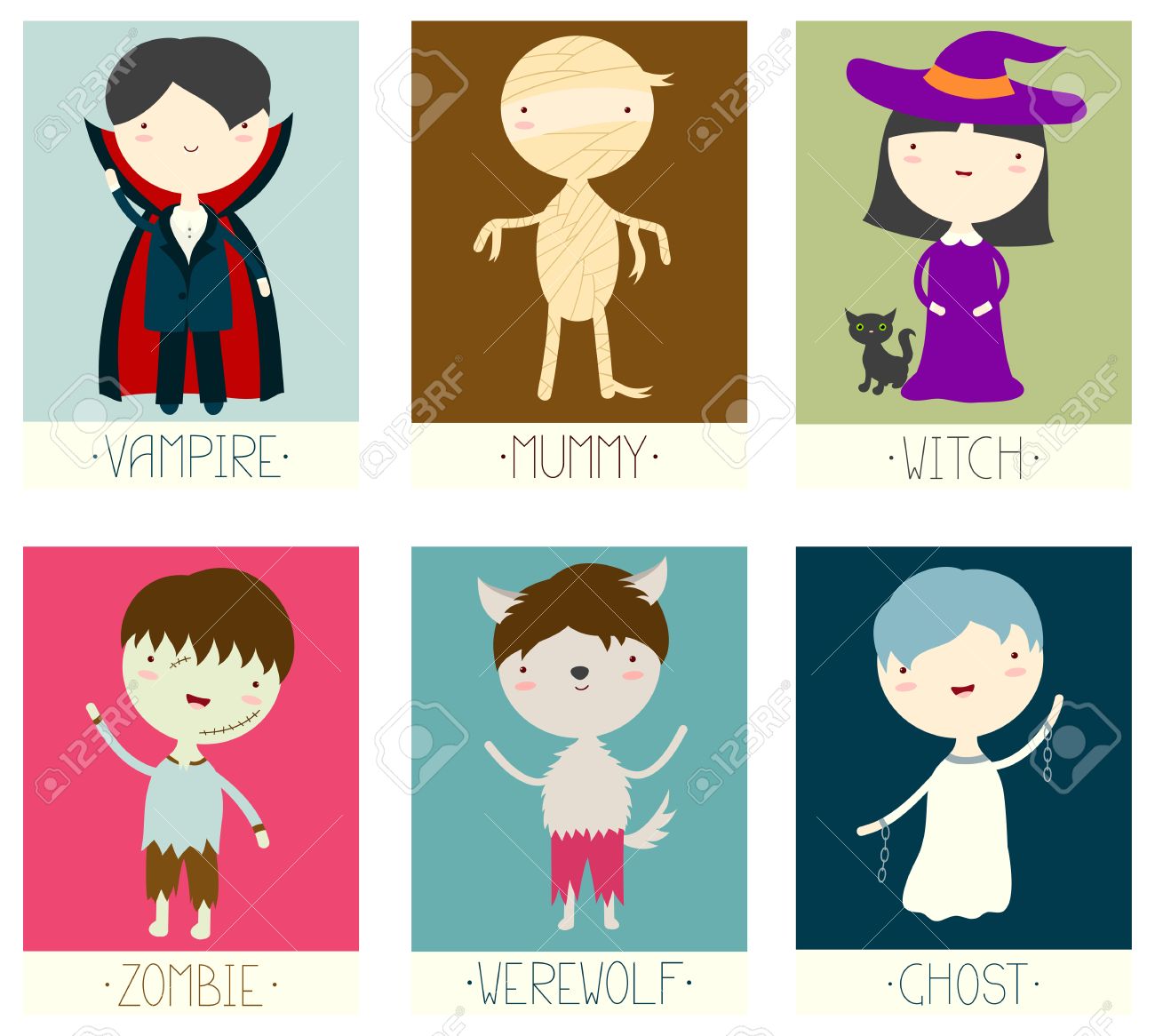一連のハロウィーンのバナー 背景 フライヤー Placard かわいいゾンビ 狼男 吸血鬼 魔女 幽霊とミイラ のイラスト素材 ベクタ Image