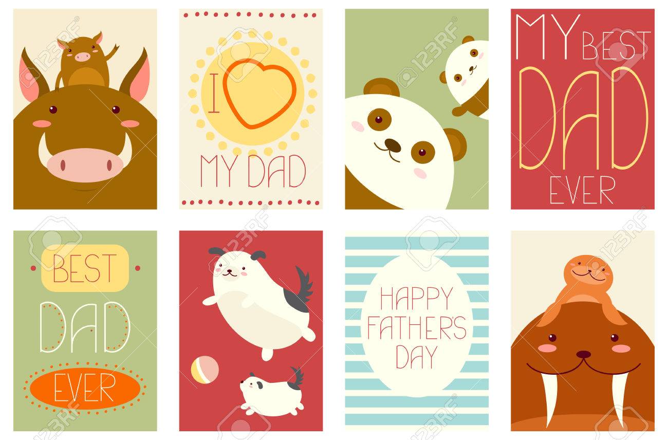 最高のパパ バナー 背景 フライヤー プラカードのコレクションの赤ちゃんと犬のかわいい父動物 パンダ セイウチ イノシシと グリーティング カード 装飾 お祝い 父の日のためのベクトル テンプレート カード のイラスト素材 ベクタ Image