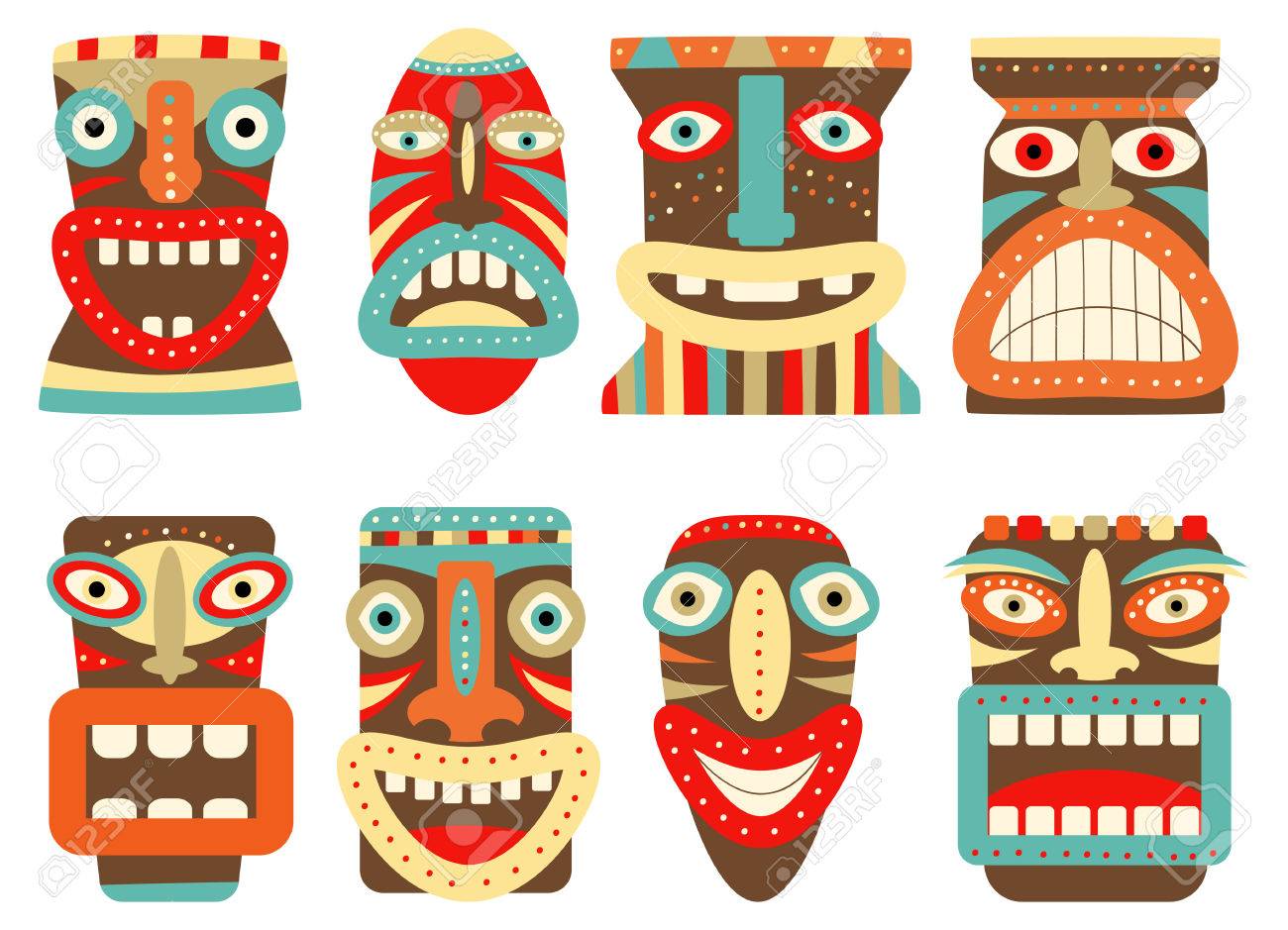 collection of tiki tribal mask set for scrapbooking vector