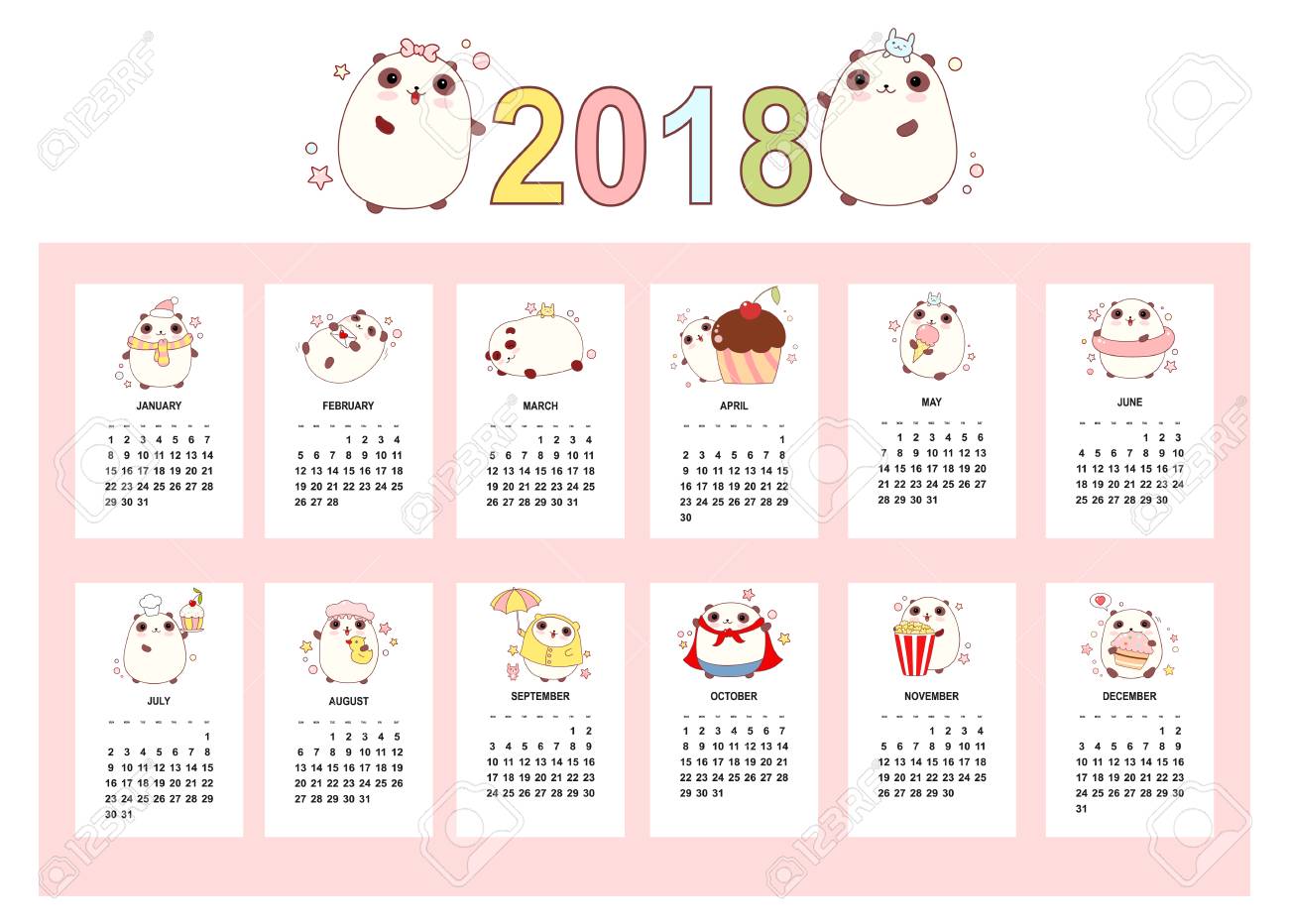 monthly calendar 2018 with cute pandas set of vector vertical monthly calendar editable