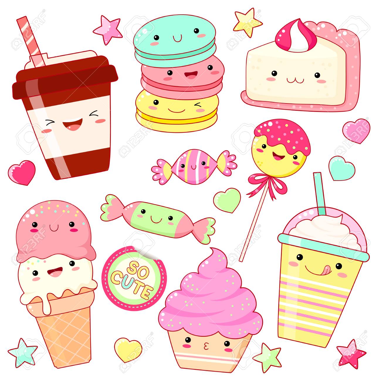 Set Of Cute Sweet Icons In Kawaii Style 