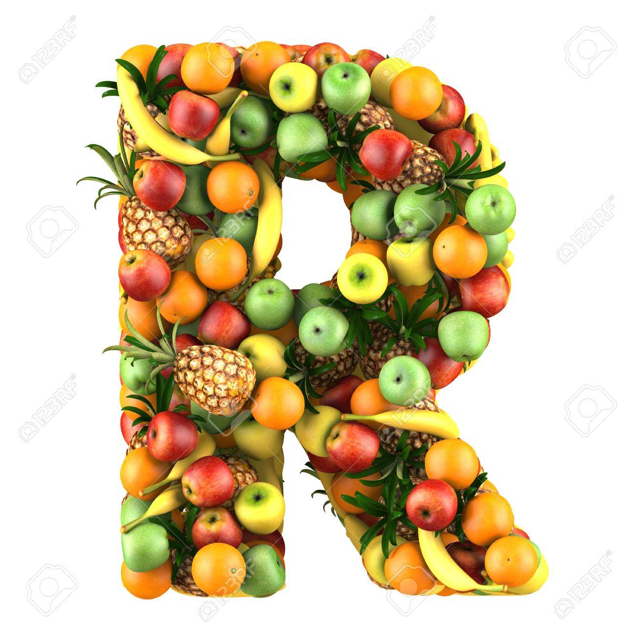 letter r made of fruits isolated on a white stock photo picture