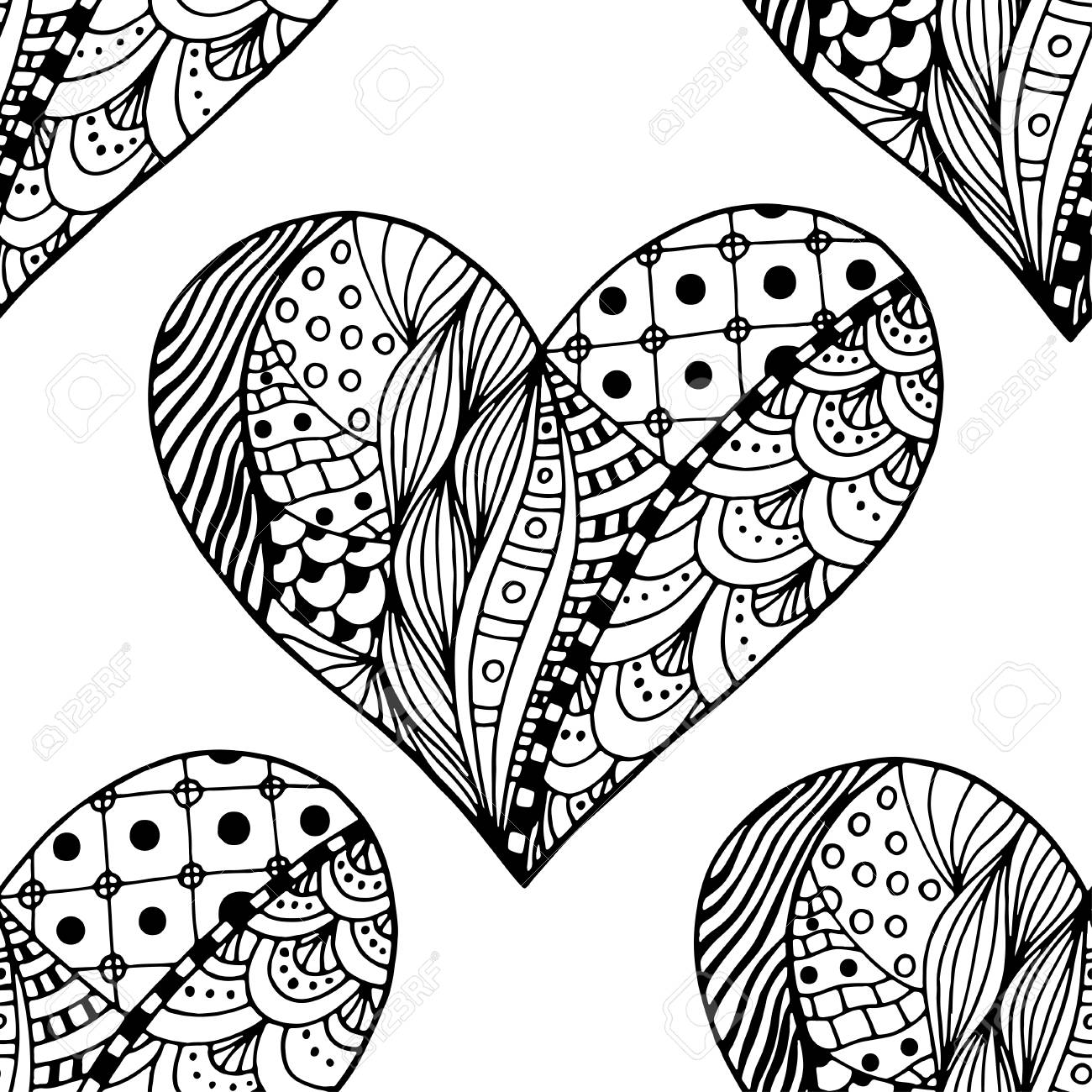 Hand Drawn Ornamental Heart With Love In Doodle Zentangle Tribal Style Seamless Pattern For