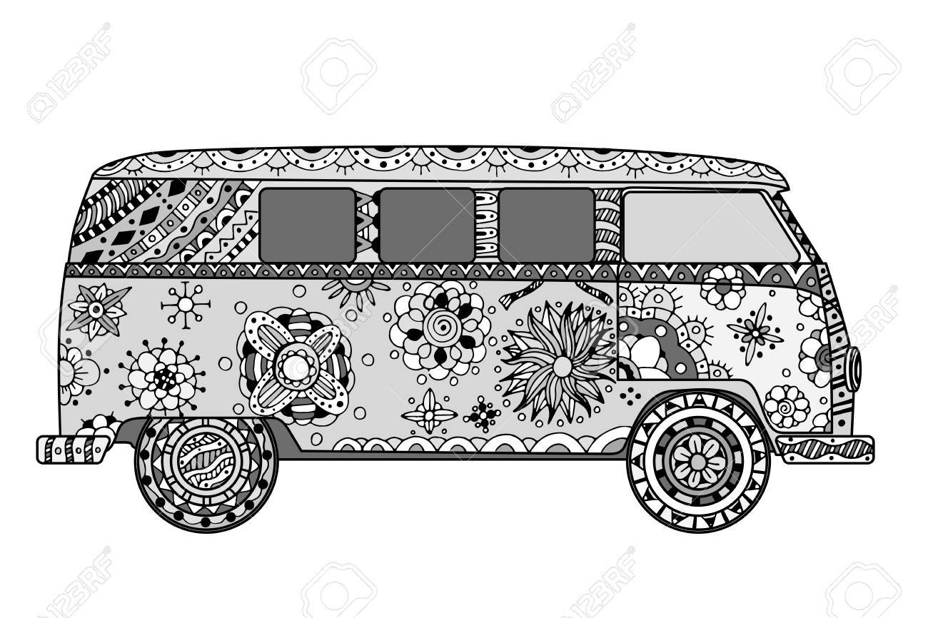 ビンテージ車スタイルのミニバン 手描きイメージ モノクロのベクター イラストです ヒッピー運動の信者の環境で人気のあるバス モデル のイラスト素材 ベクタ Image