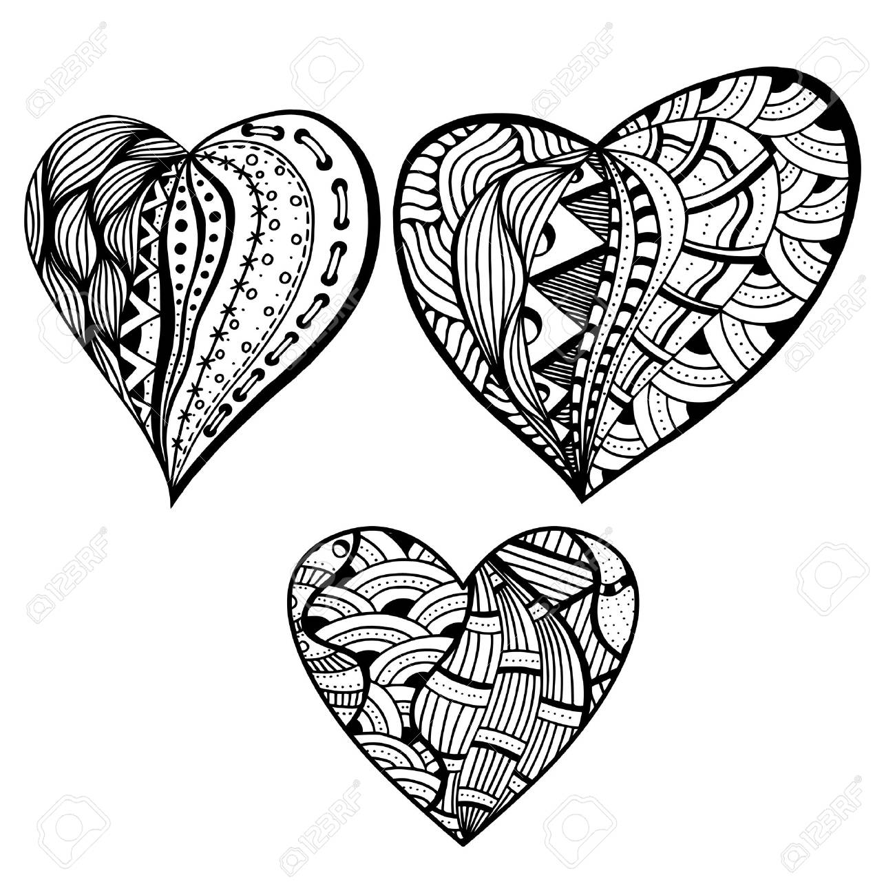 Set Von Hand Gezeichnet Monochrome Herzen In Zentangle Art Muster Fur Malbuch Malvorlage Fur Erwachsene Anti Stress Hergestellt Von Trace Von Der Skizze Valentinstag Hintergrund Lizenzfrei Nutzbare Vektorgrafiken Clip Arts Illustrationen Image