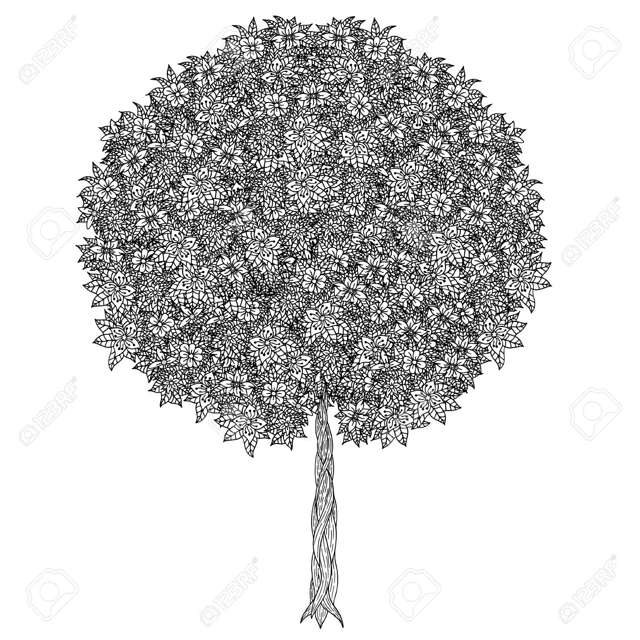 Arbre   feuilles et des fleurs Vecteur Coloriage page du livre pour les adultes