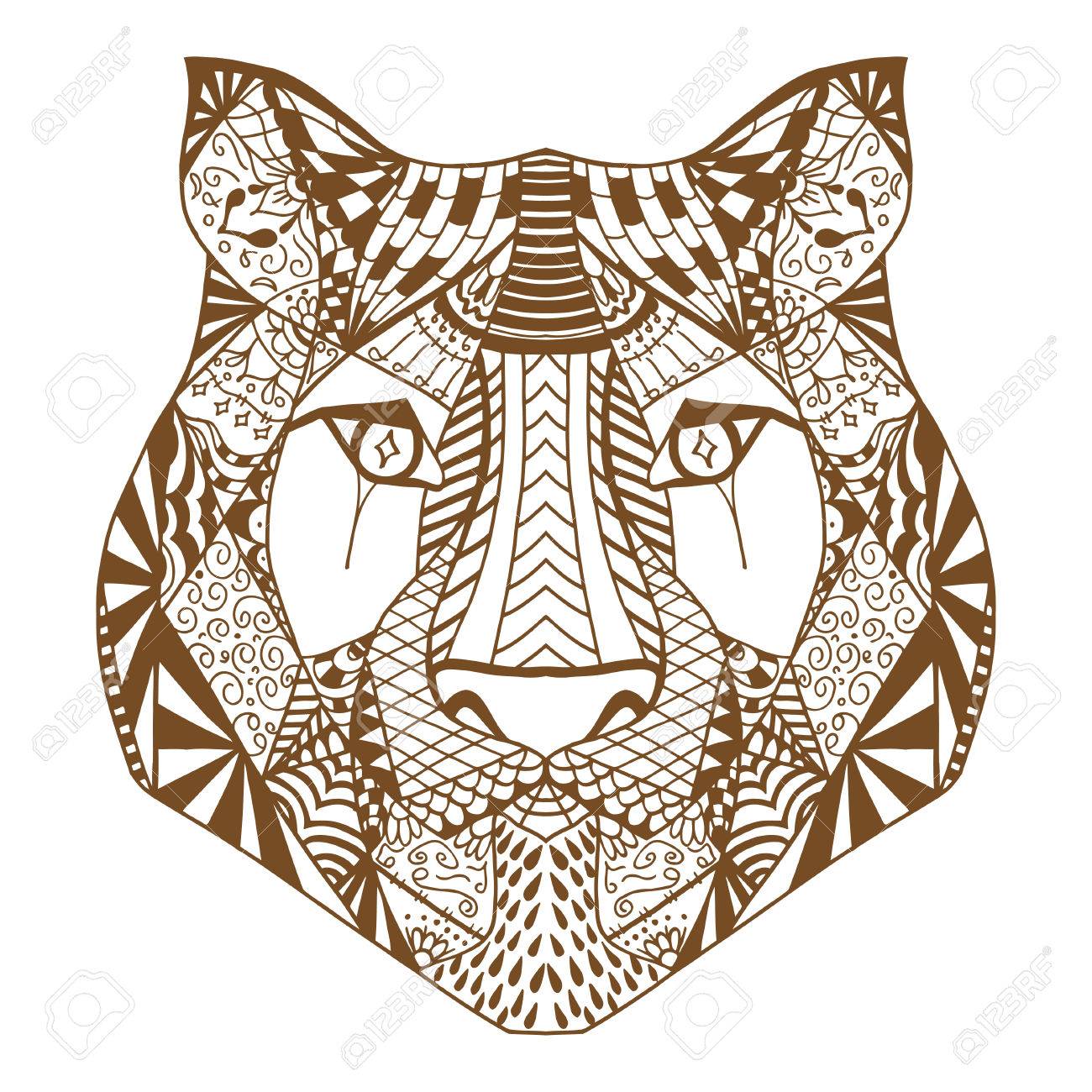 Tiger Head Adult Antistress Coloring Page Brown White Hand Drawn Doodle Animal Ethnic