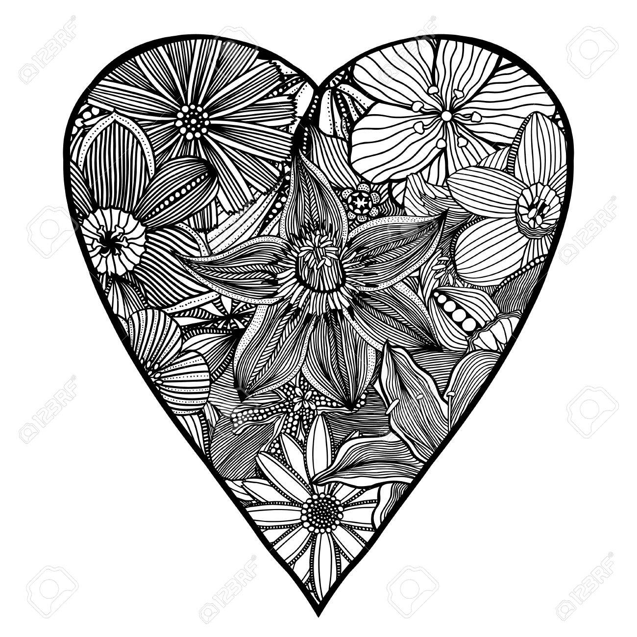 塗り絵のベクトル ハートの模様。花の要素と Zentangle スタイル