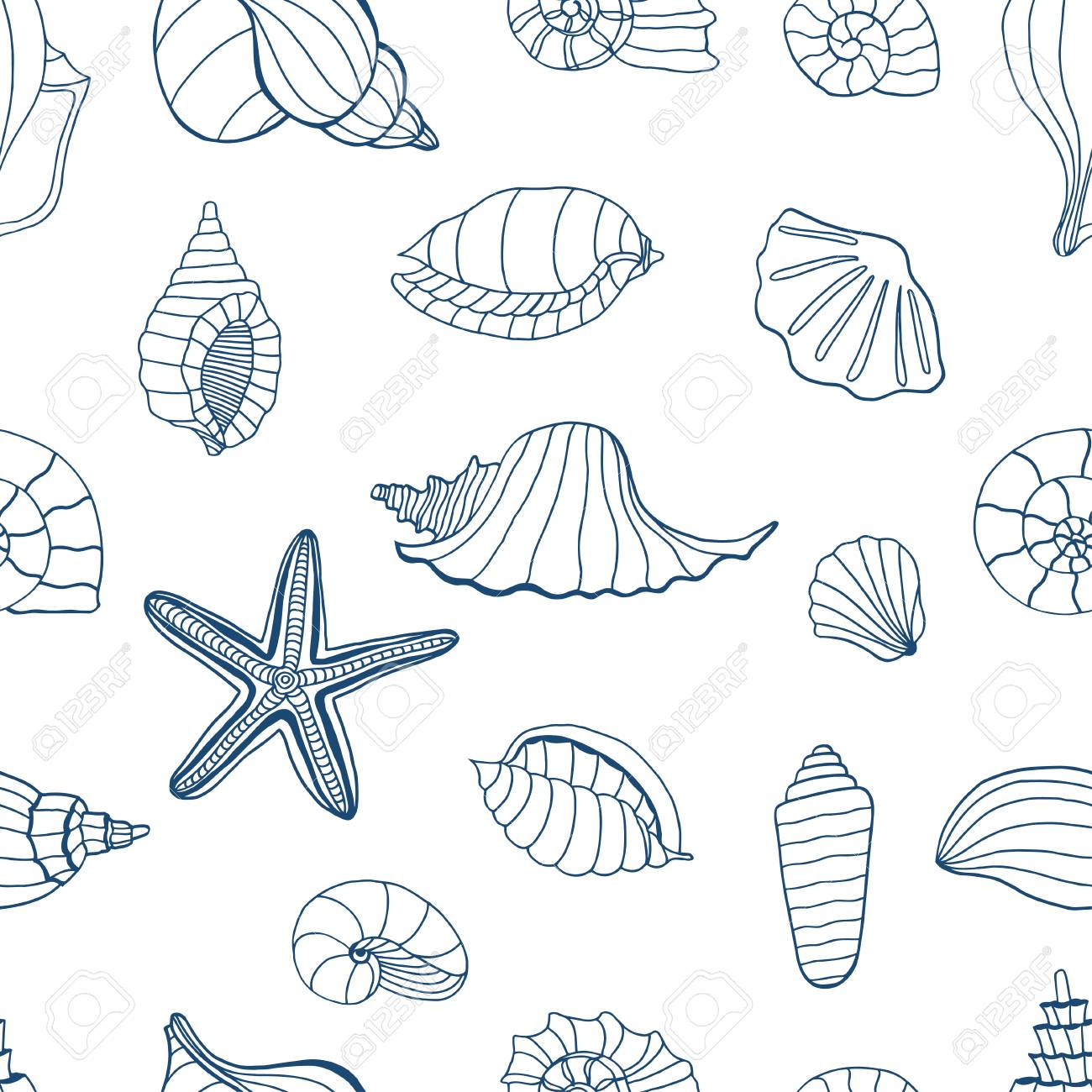 conchas de mar patrón transparente azul y blanco para colorear