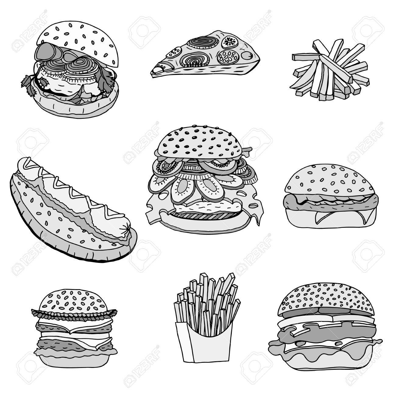 手描きイラスト スケッチ ファーストフード ハンバーガー ホットドッグ フライド ポテトとピザのセットです ベクトル図では 白で隔離 のイラスト素材 ベクタ Image 手描きイラスト スケッチ ファーストフード ハンバーガー ホットドッグ フライド ポテトとピザのセットです ベクトル図では 白で隔離 のイラスト素材 ベクタ Image