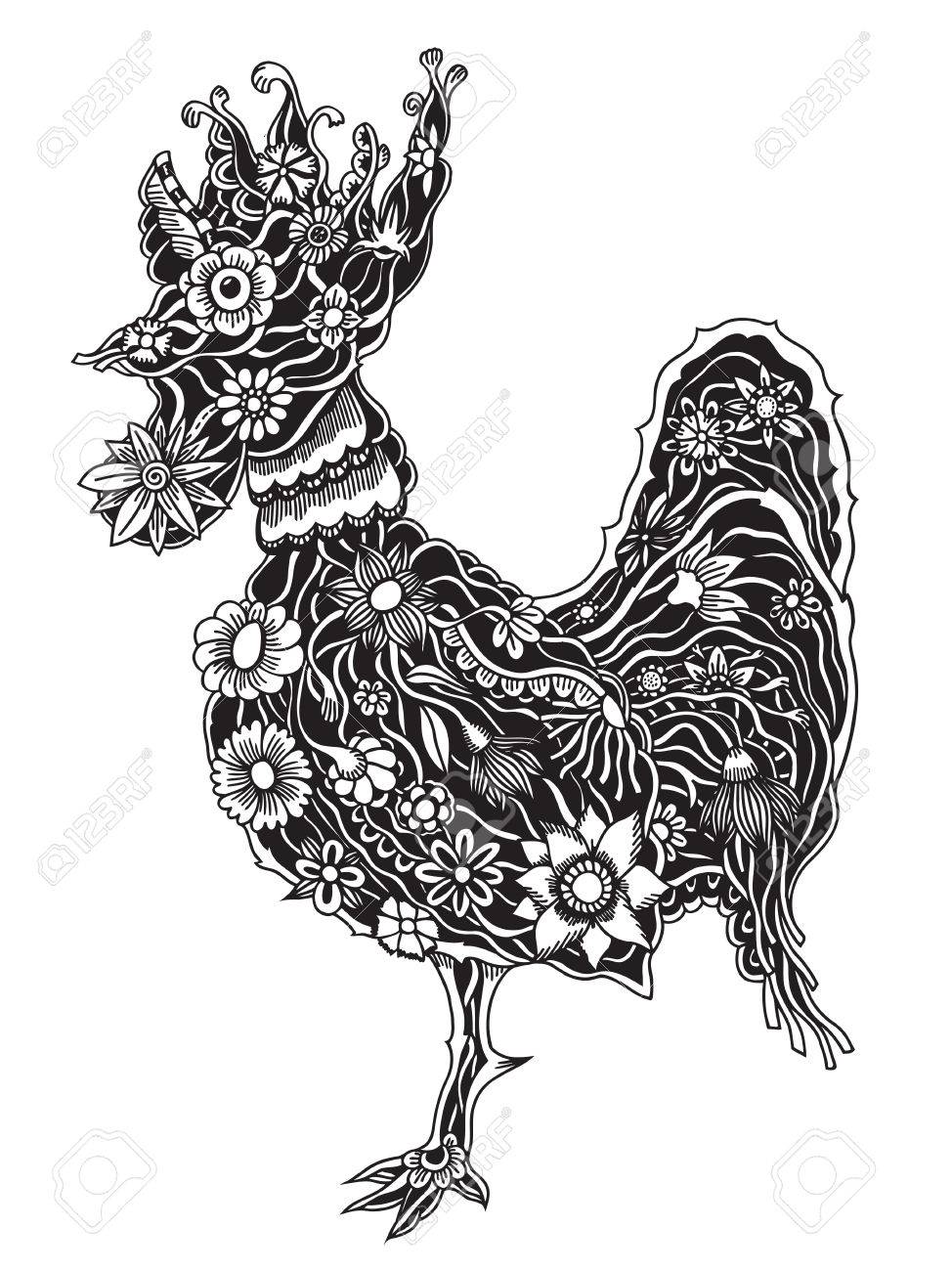 Main Doodle Dessiné Contour Coq Illustration Floral Abstrait Décoratif Dessin Coq Orné Adulte Oiseau De Coloration Coq De Bande Dessinée De Fleurs