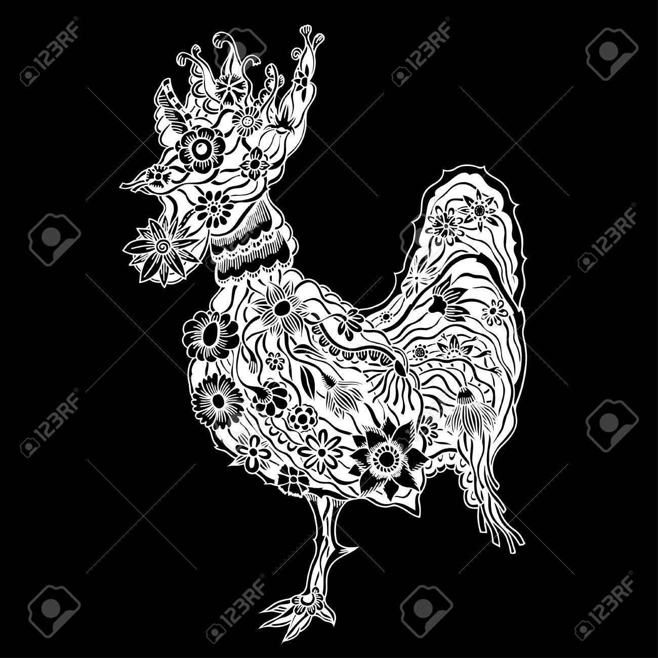 Main Doodle Dessiné Contour Coq Illustration Floral Abstrait Décoratif Dessin Coq Orné Adulte Oiseau De Coloration Coq De Bande Dessinée De Fleurs