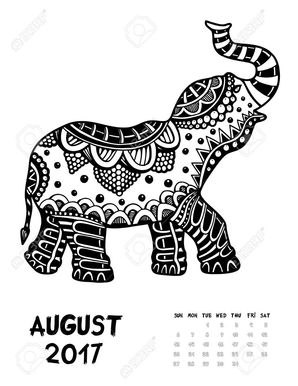 2017年 4 月 Zendoodle スタイルをカレンダー 日曜日に 象を開始します パターン化された Zentangle は 黒と白 さまざまな年齢層の人々 のため印刷抗ストレスぬりえ本 セット 2のイラスト素材 ベクタ Image 63791435
