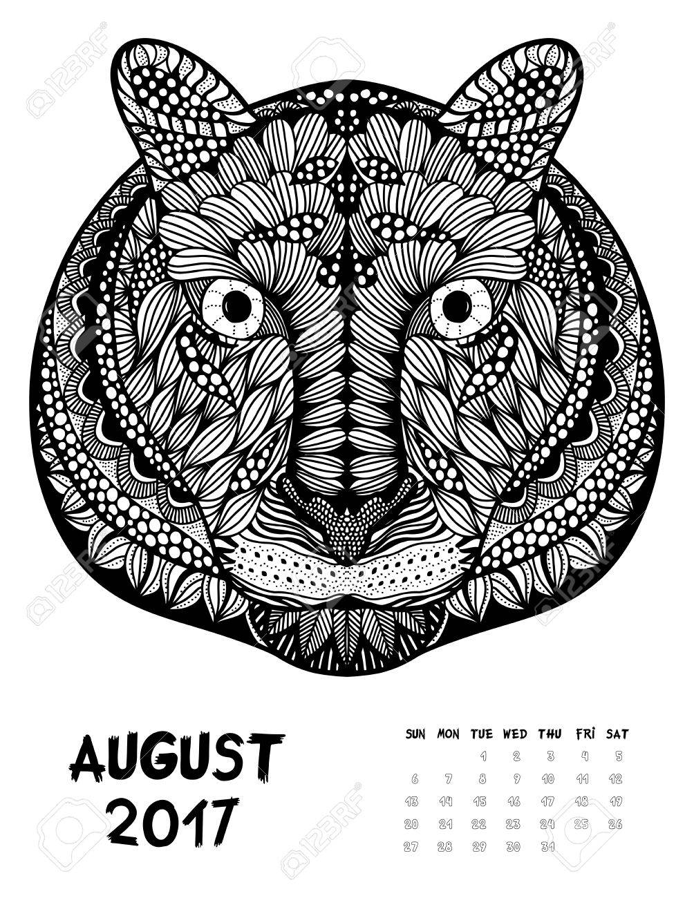 2017年 4 月カレンダー Zendoodle スタイル 日曜日に面白い虎開始 パターン化された Zentangle は 黒と白 さまざまな年齢層の人々 のため印刷抗ストレスぬりえ本 セット 1のイラスト素材 ベクタ Image 63791434
