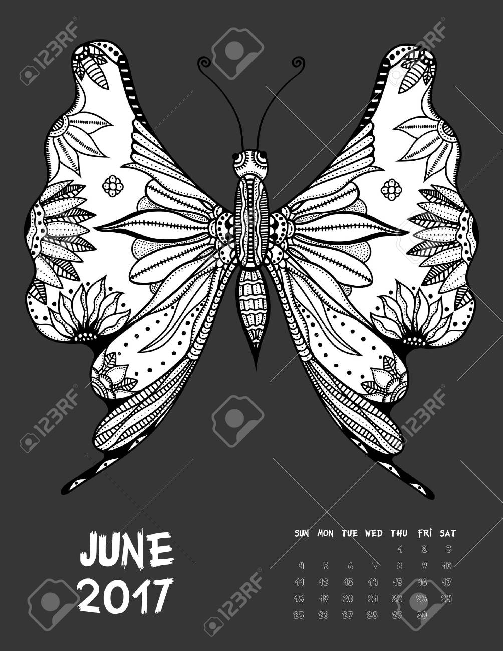 17 年 6 月のカレンダーです ライン アートの黒と白のイラスト 蝶 抗ストレスの着色のページを印刷します のイラスト素材 ベクタ Image 17 年 6 月のカレンダーです ライン アートの黒と白のイラスト 蝶 抗ストレスの着色のページを印刷します のイラスト素材 ベクタ Image