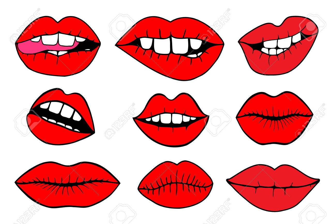 手書きのベクトル イラスト 甘い唇 歯と口 女性の赤い唇の分離の白い背景を設定します 招待状 グリーティング カード 引用符 ブログ ポスターに最適です のイラスト素材 ベクタ Image