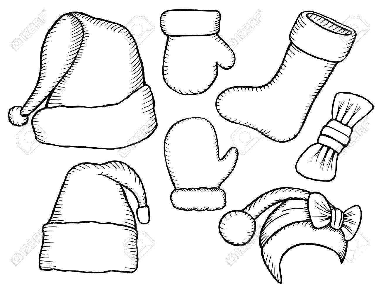 set of monochrome doodle hats boots socks santa claus template