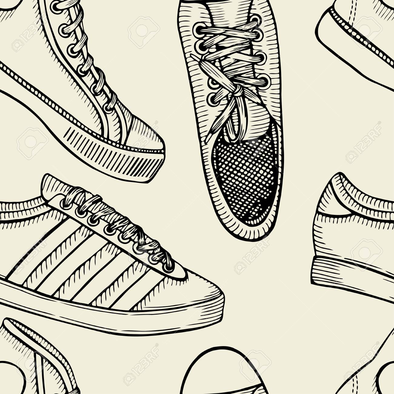 Boceto Dibujado A Mano Sin Patrón De Zapatos - Zapatillas De Deporte. Elemento De Diseño Vector De Libro Para Colorear. Fondo De Zapatillas De De Moda. Ilustraciones Svg, Vectoriales, Clip Art