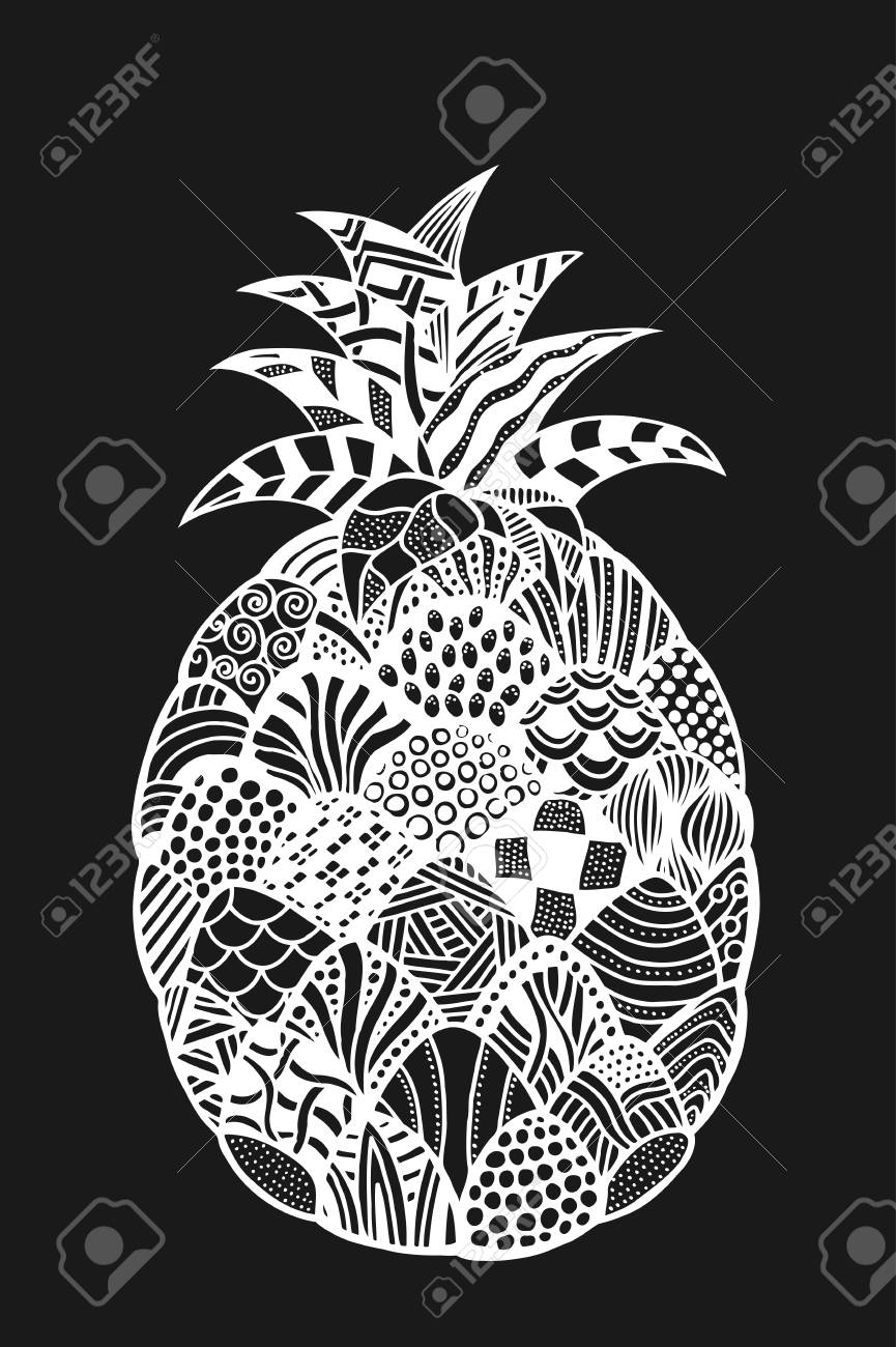 パイナップル 植物 エキゾチックなフルーツ線画 白黒の手描き 落書きベクトルイラスト 装飾 定型 化 された タトゥー のイラスト素材 ベクタ Image