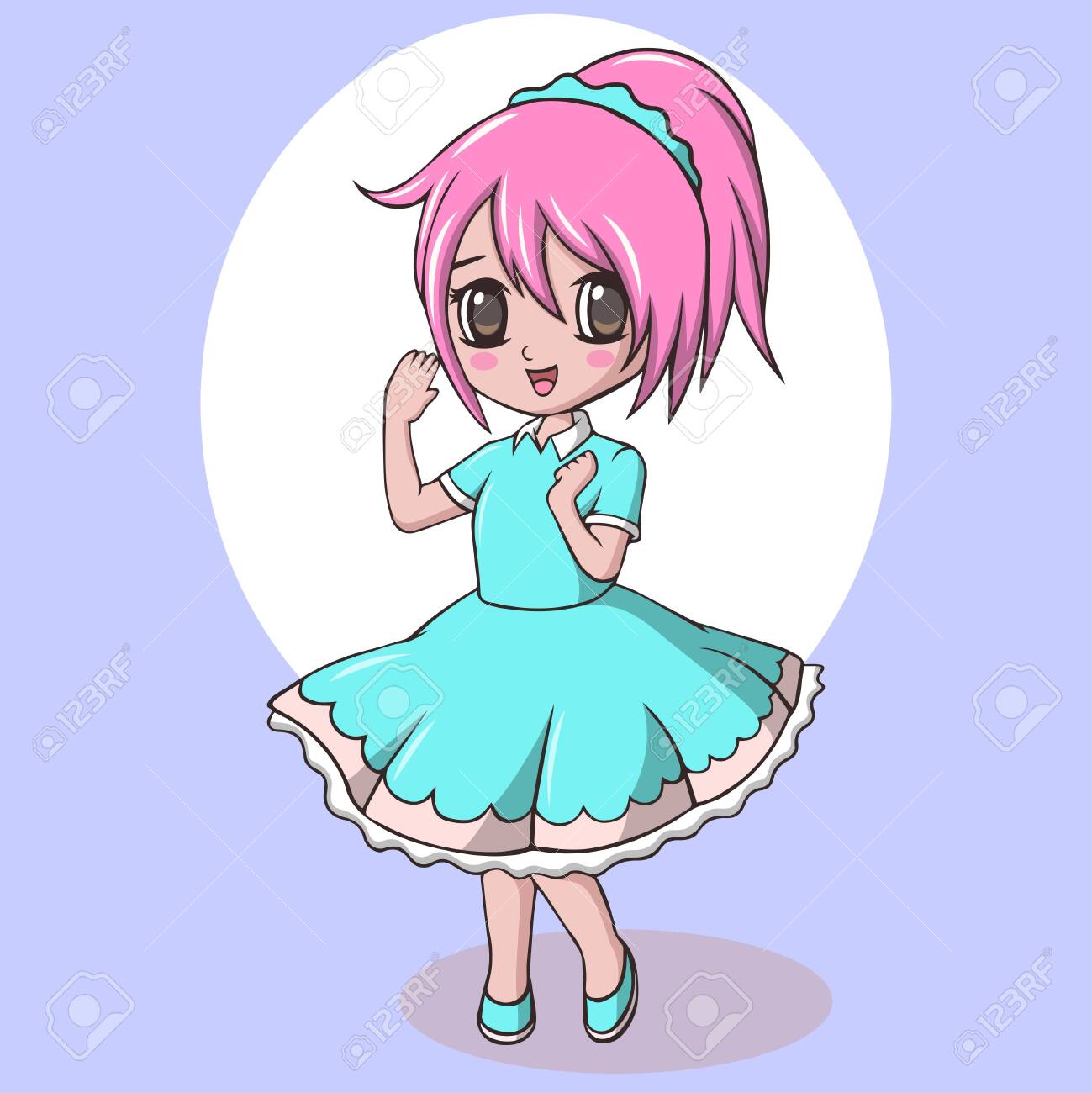 Cartoon cute little girl in blue dress Cartoon cute little girl in blue dress