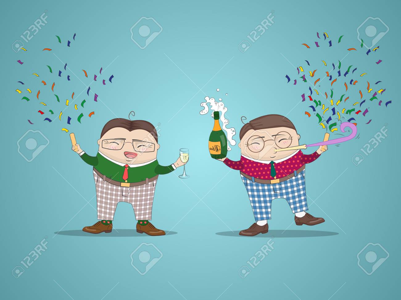 面白い漫画のキャラクターと背景で新年 新年あけましておめでとうございます ビジネス コンセプト ベクトルの図 のイラスト素材 ベクタ Image