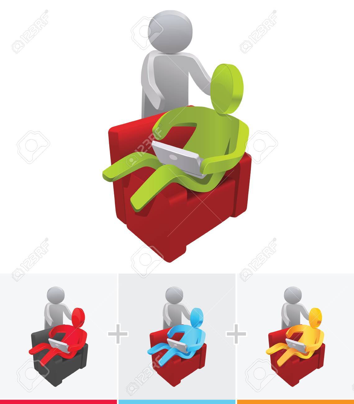 3d stick figure pointing toward to a laptop and discussing with