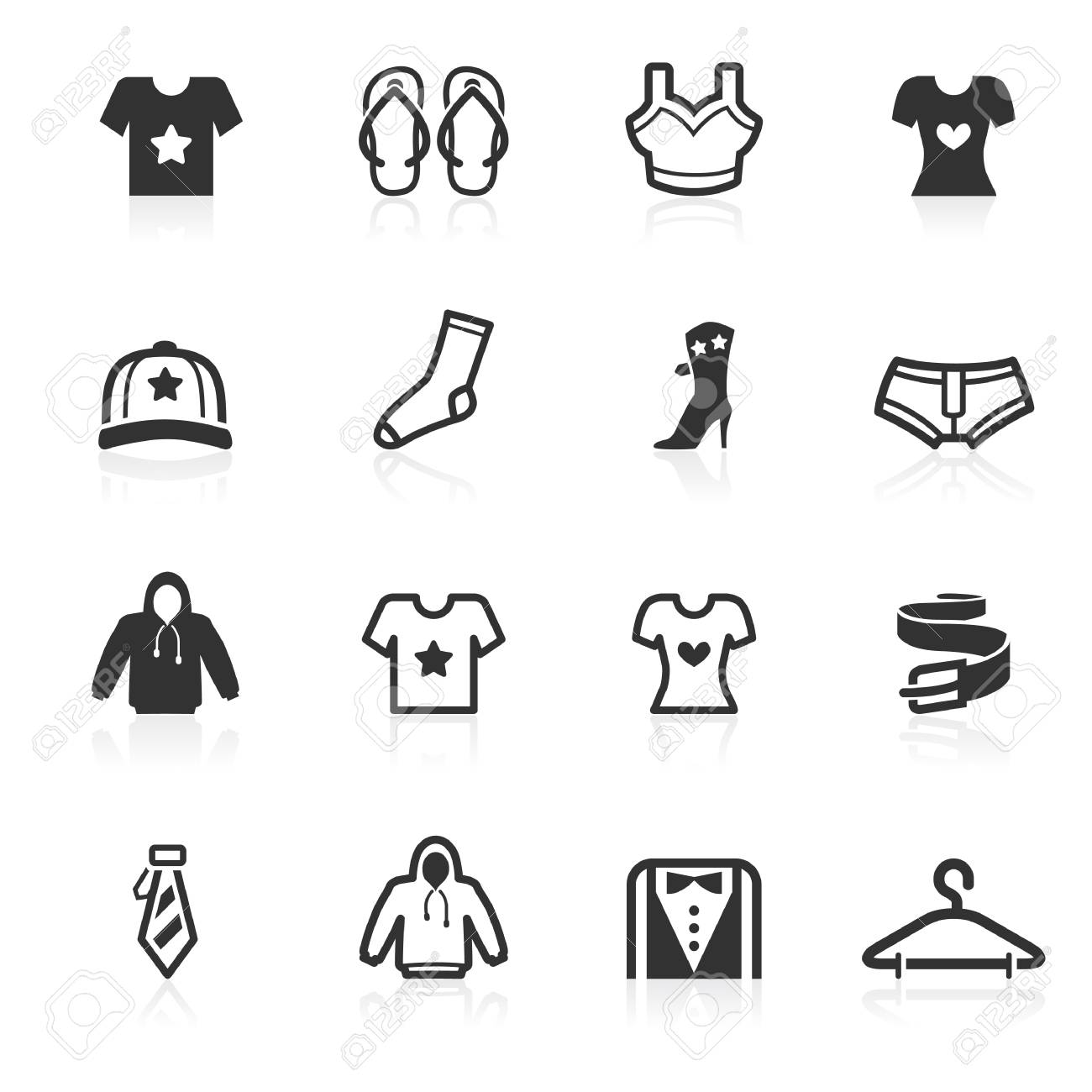 Fashion and apparel vector icons set isolated over white background