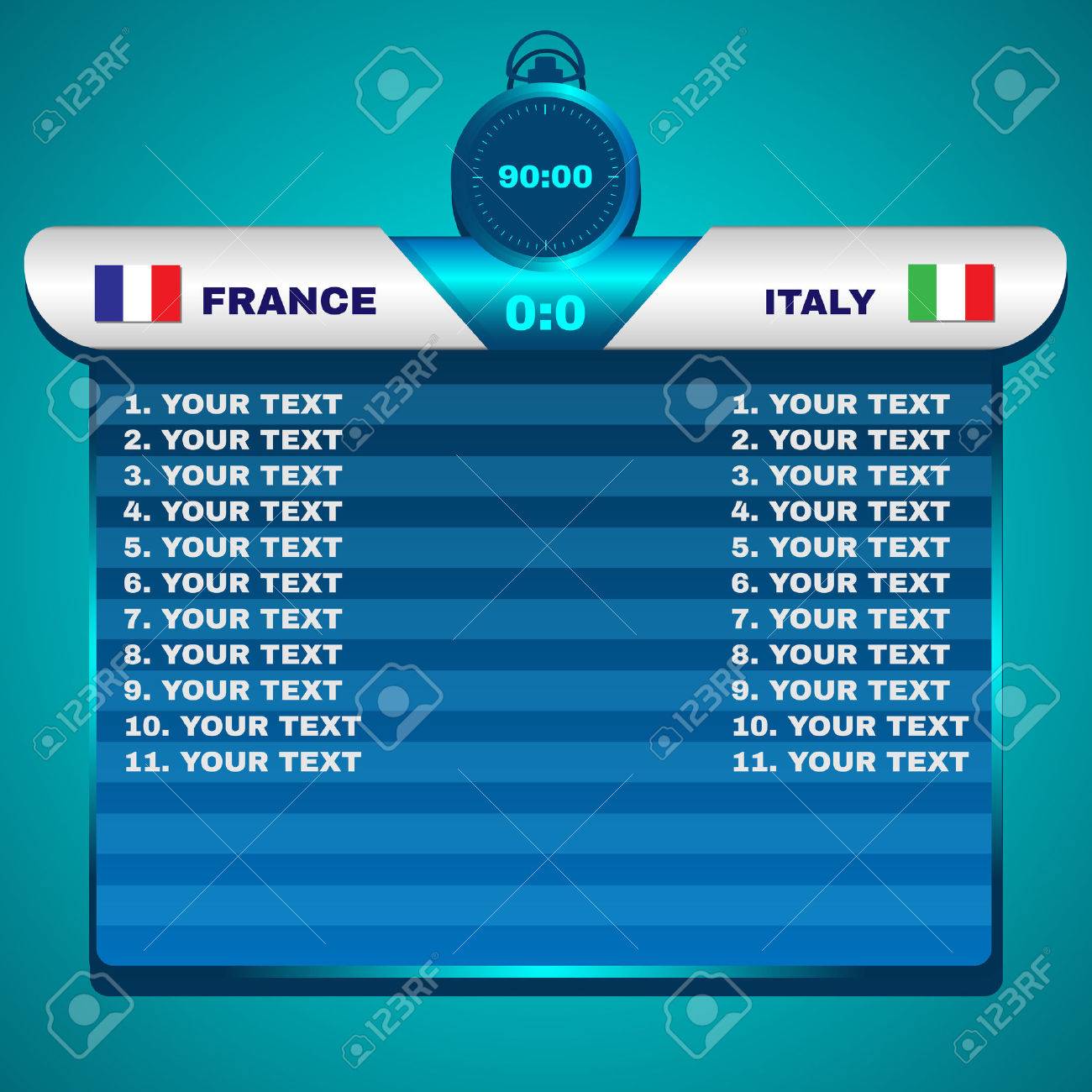 サッカー サッカー スコアボード グラフ イタリア得点のチーム対フランス ストップウォッチ 90 分 デジタル背景ベクトル イラスト のイラスト素材 ベクタ Image