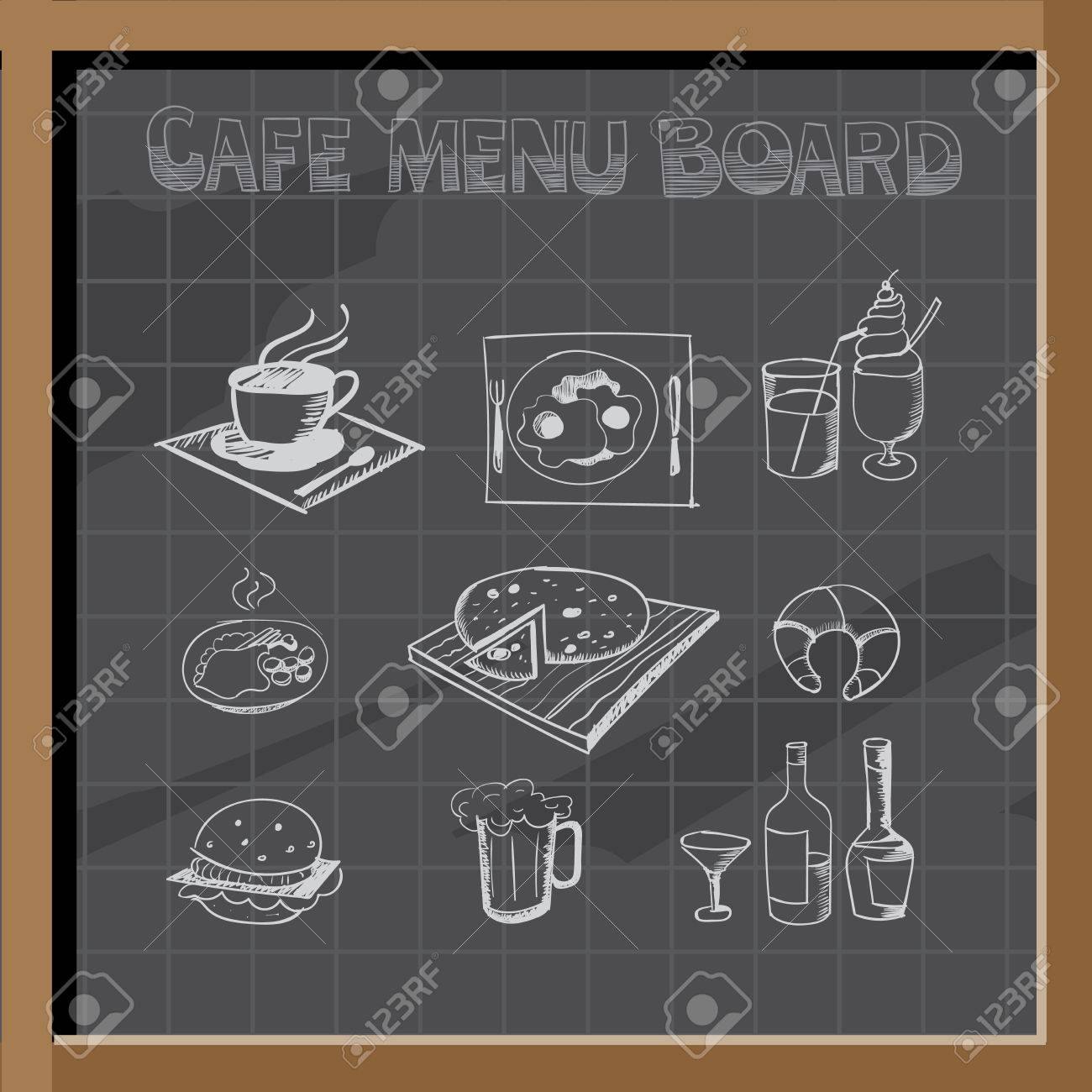 hand drawn cafe menu board signs and food collection on chalkboard cafe menu board