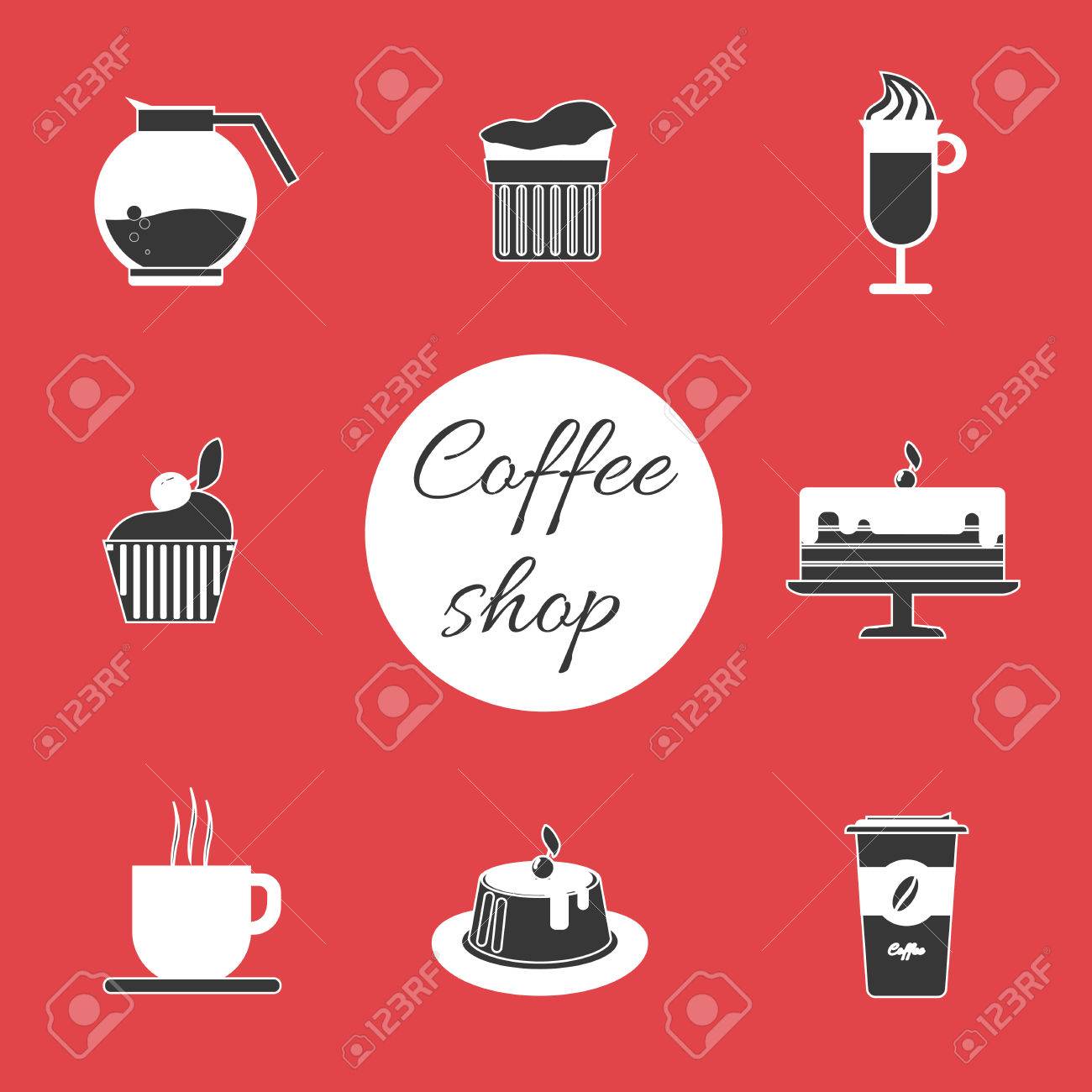 Ein Schwarz Weiss Set Kaffee Artikel Tasse Kaffee Mit Dampf Kuchen Glas Krug Krug Mit Cafe Inschrift In Umrissen Uber Einen Roten Hintergrund Digitale Vektor Bild Lizenzfrei Nutzbare Vektorgrafiken Clip Arts Illustrationen Image 56258990