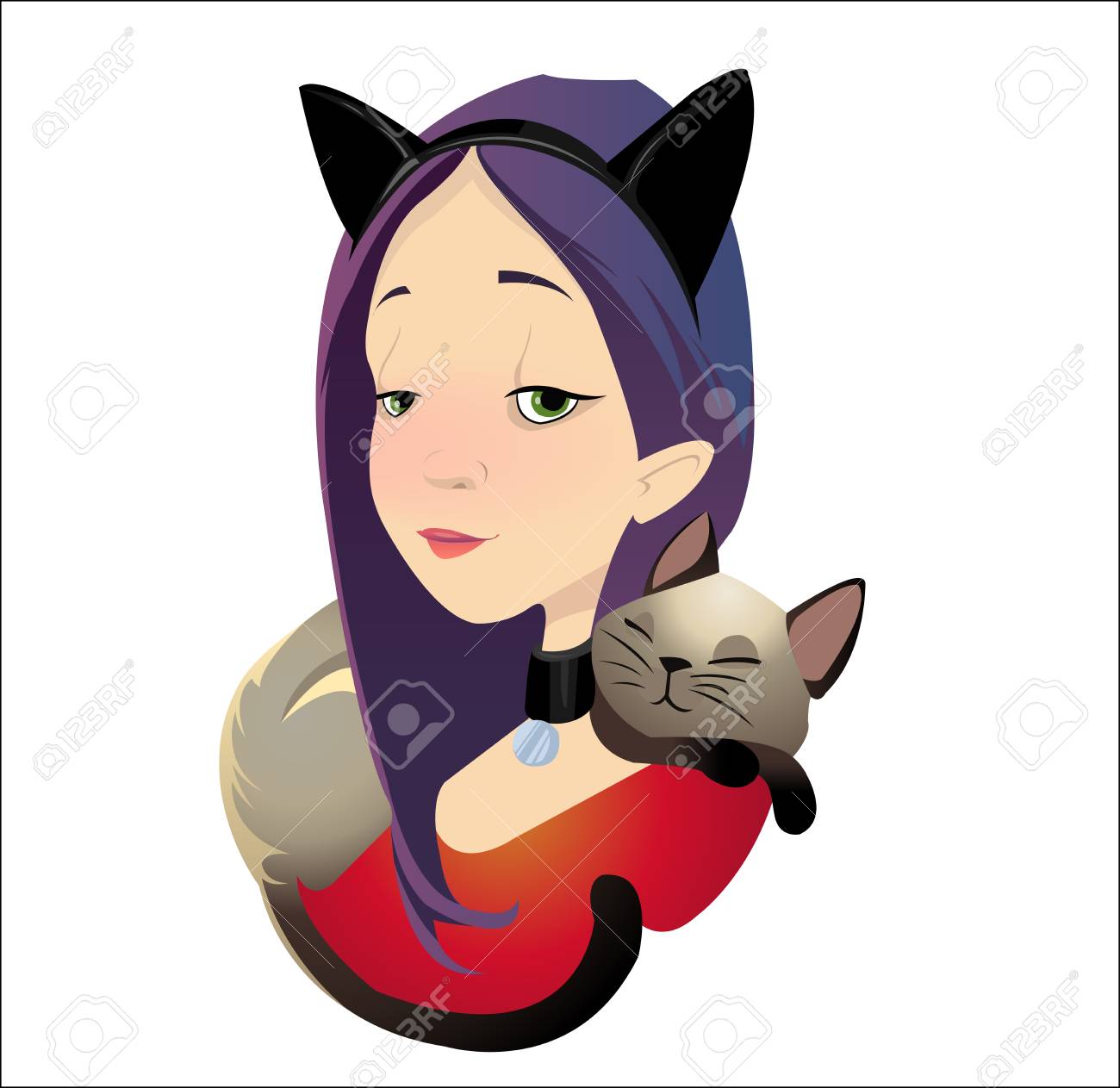 Caractere De Femme De Chat Rouge Drole De Dessin Anime De Vecteur Numerique Avec Un Chat Couche Et Dormir Au Cou Comme Foulard Style Plat Abstrait Banque D Images Et Photos Libres De