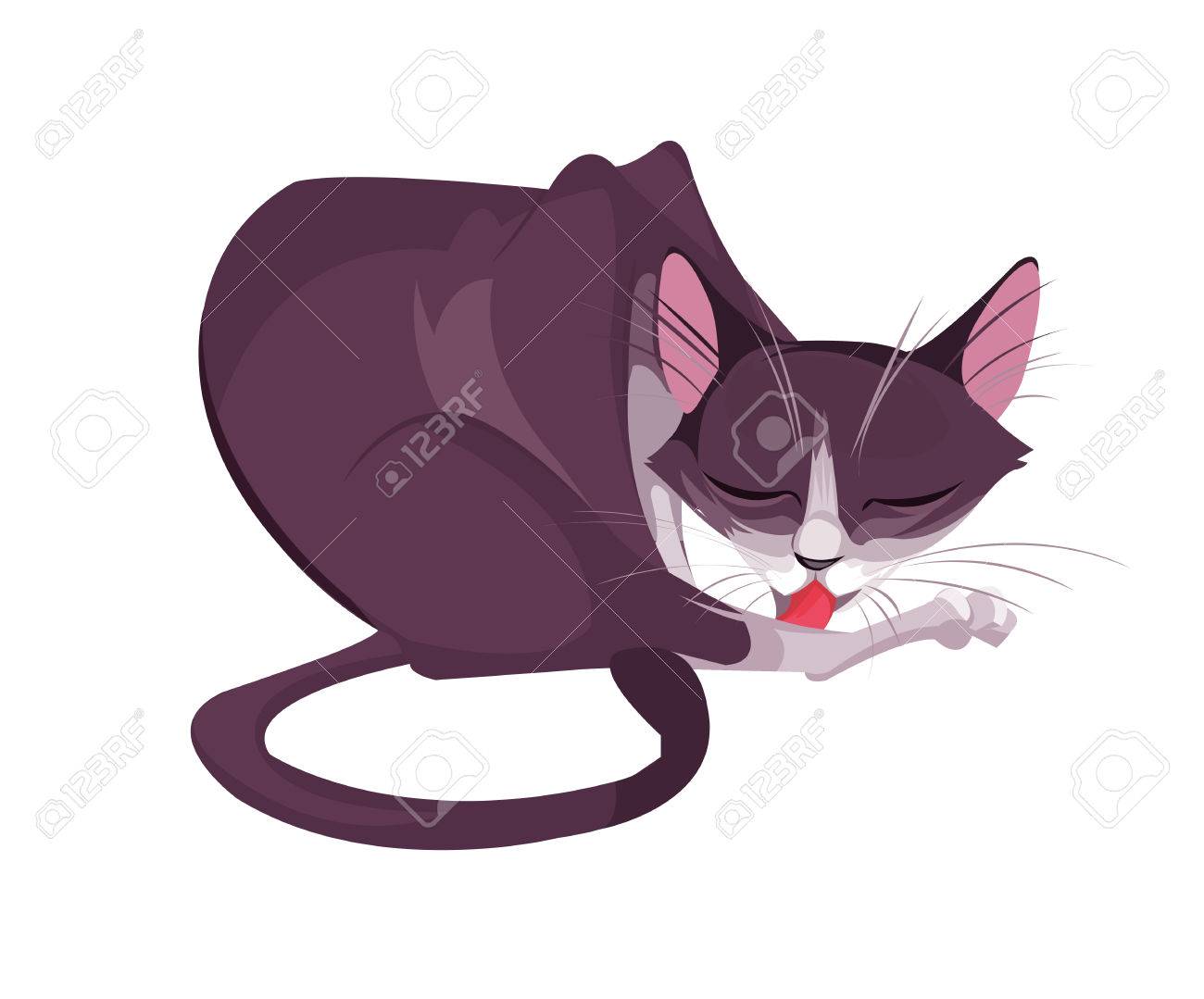 Cartoon Numérique Dessin Animé Dessin Animé Grand Chat Rose Avec La Queue Léchant Sa Jambe De Patte Illustration Dessinée à La Main Style Plat