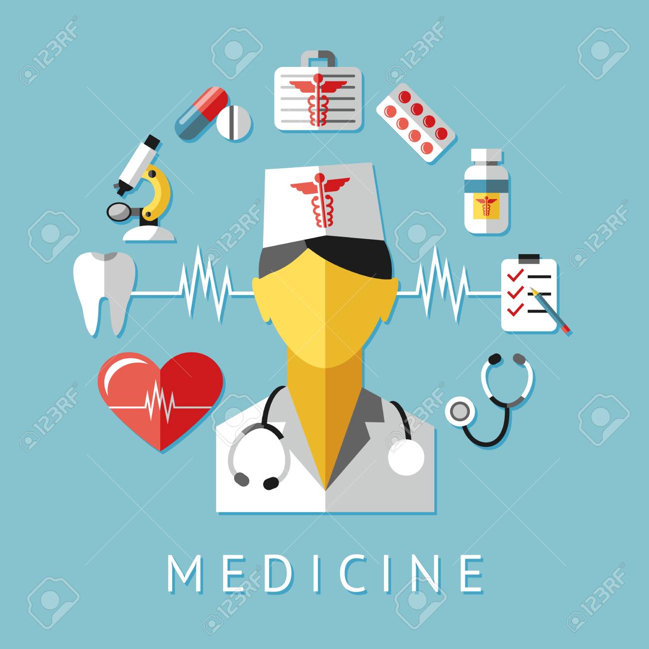 デジタルベクトル青い赤い看護婦の薬学の医学のアイコンは引かれた簡単なライン芸術の情報グラフィック 救急車の歯の丸薬管の薬を置くのイラスト素材 ベクタ Image