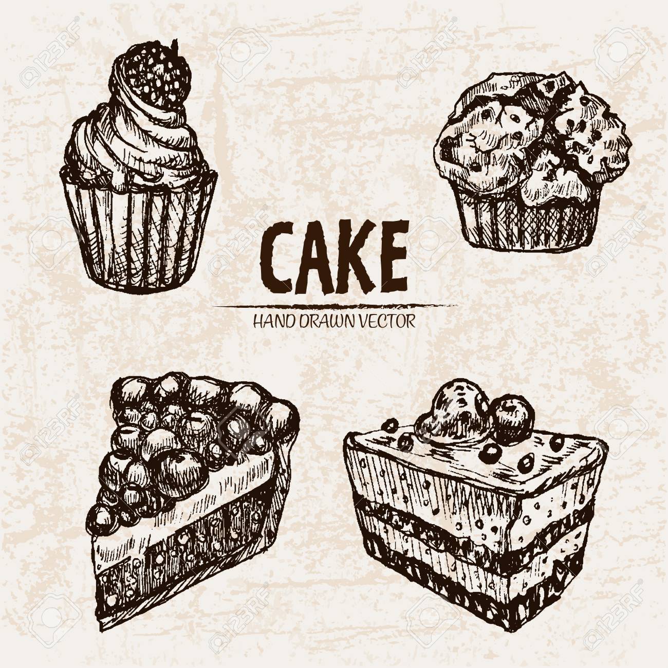 デジタル ベクトルの詳細なは ライン アート ケーキとフルーツ手描きレトロなイラスト コレクション セットのカップケーキ 概要を薄い芸術的な鉛筆 フラット ビンテージのインクには 落書きのデザイン スケッチが刻まれています 分離されました の写真素材 画像