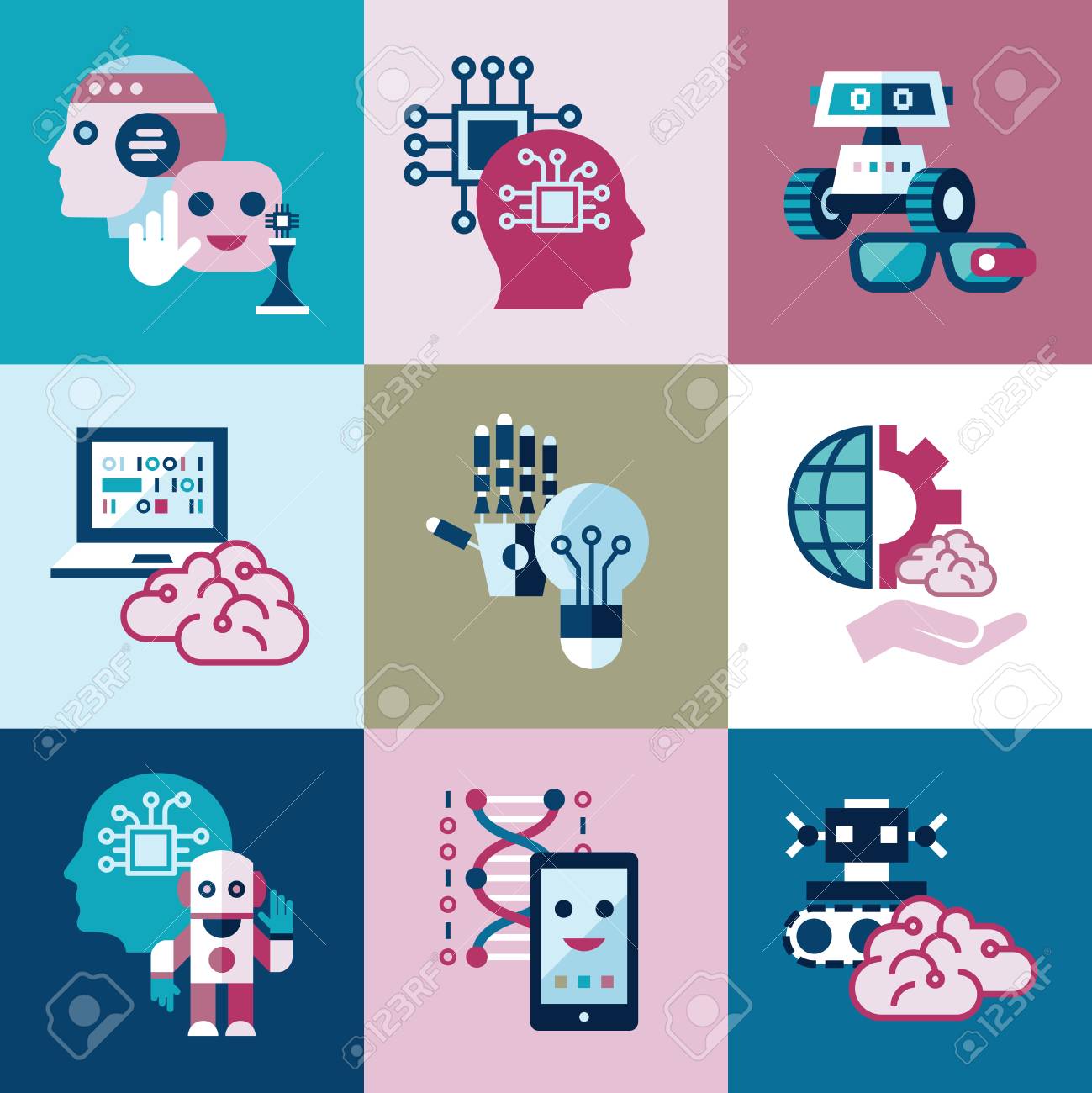 デジタルベクトル人工知能と電子技術シンプルなフラットアイコンセット チップ 車 モバイル脳を使用したモノのインターネットの概念 アイデア カメラ ゲーム ロボット付きのメガネ の写真素材 画像素材 Image