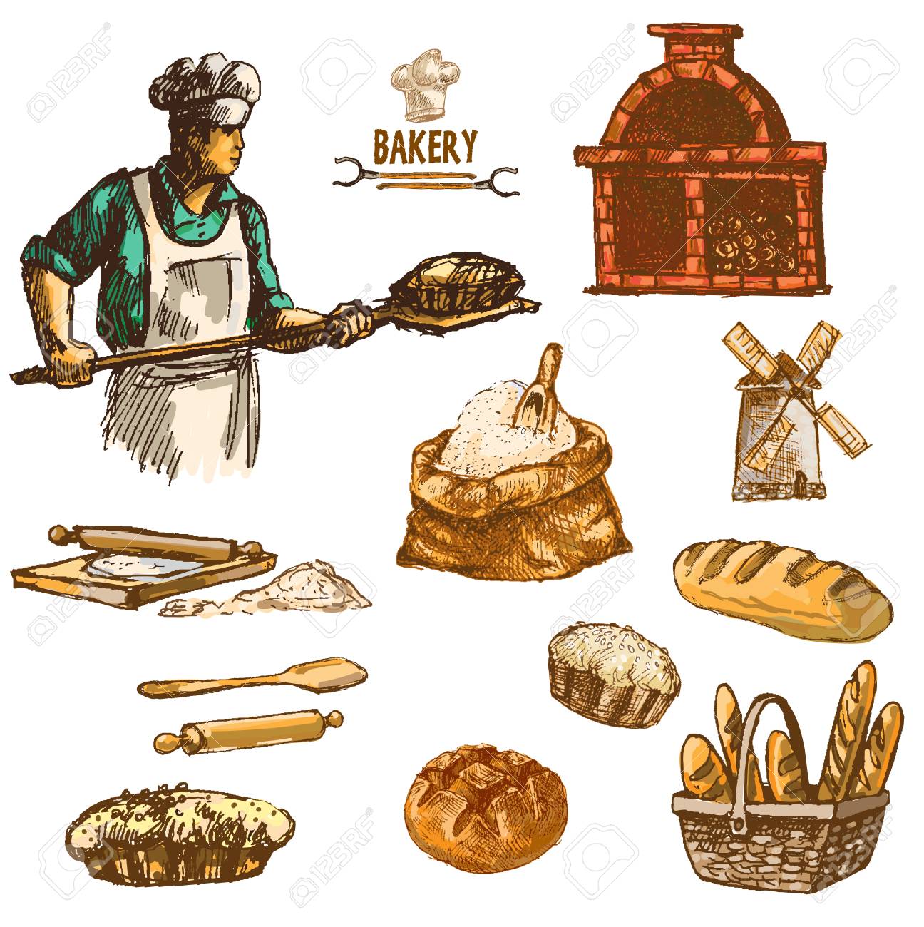 Dessin Au Trait De Couleur Numerique Vecteur Art Rond Pain Ble Boulanger Un Four De Briques Rouges Avec Des Bois Prepares Pour Le Feu Ensemble Illustration Dessines A La Main Vintage Encre