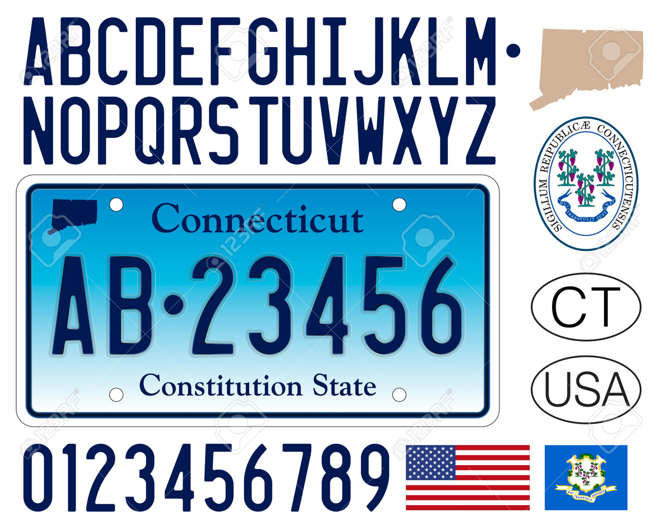 코네티컷 자동차 번호판 미국 문자 숫자 및 기호 벡터 그림 미국 로열티 무료 사진, 그림, 이미지 그리고 스톡포토그래피. Image  209440715