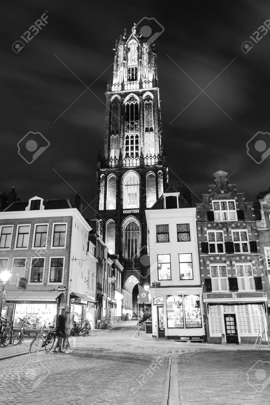 Ancient european church close up at night black white photo utrecht holland