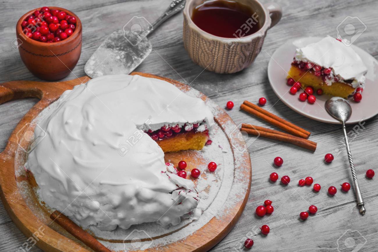 christmas new year winter pie cake with red berry cranberries