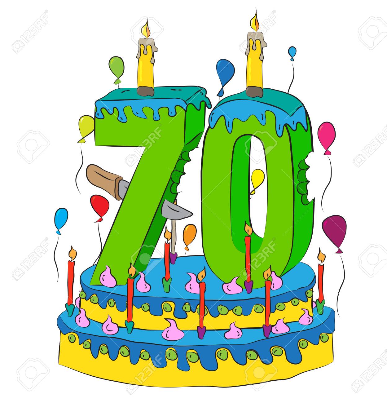 70 Gateau D Anniversaire Avec Numero Soixante Dix Bougie Celebrant La Soixante Dixieme Annee De La Vie Des Ballons Colores Et Glacage Au Chocolat Clip Art Libres De Droits Vecteurs Et Illustration Image