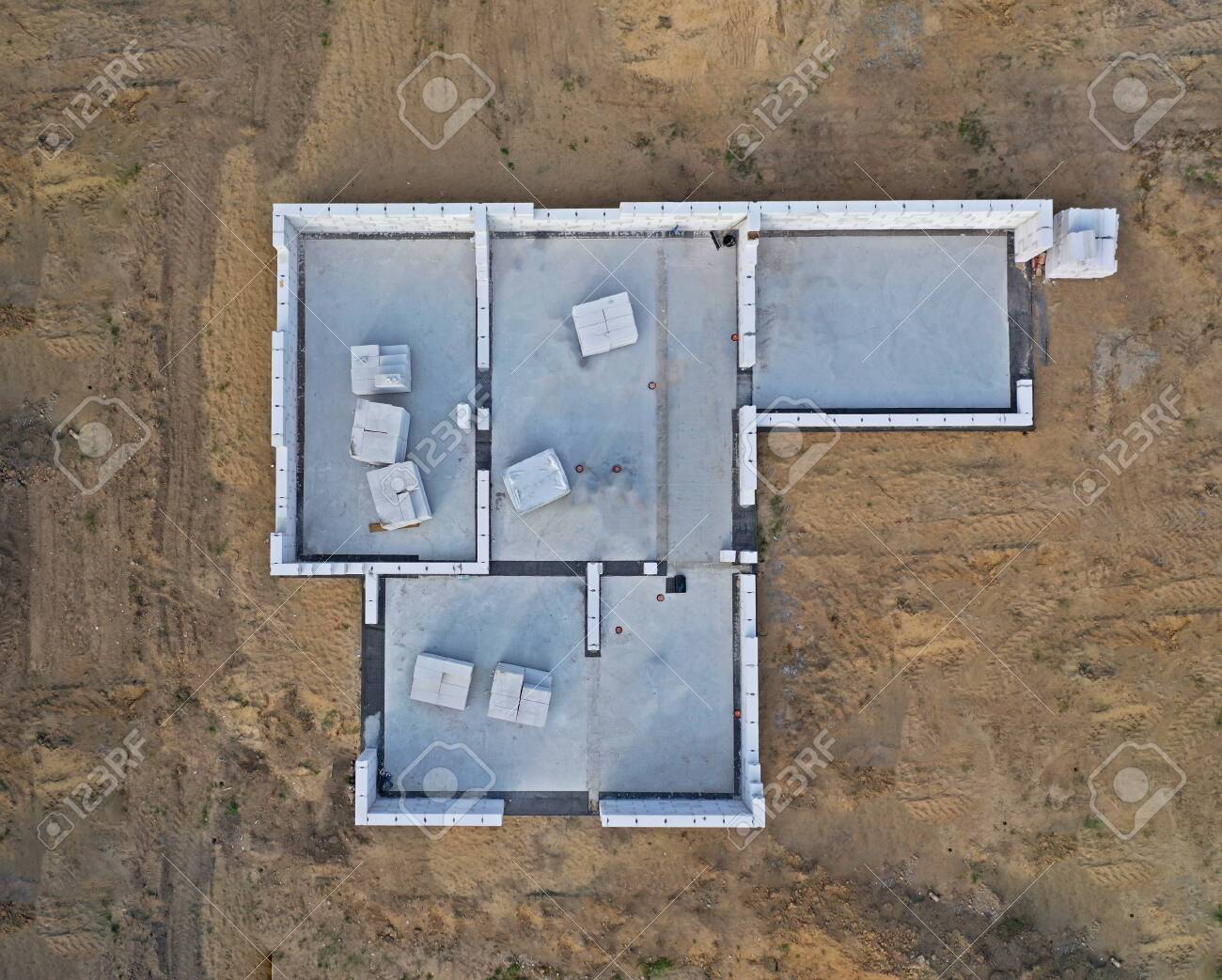 Aerial Drone Top Down View On Construction Site With Reinforced