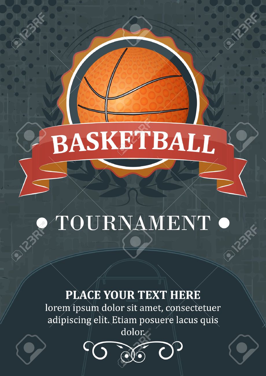 Basketball tournament background or poster. Design with ball, ribbon and laurel wreath. - 46954550 Basketball tournament background or poster. Design with ball, ribbon and laurel wreath. - 46954550