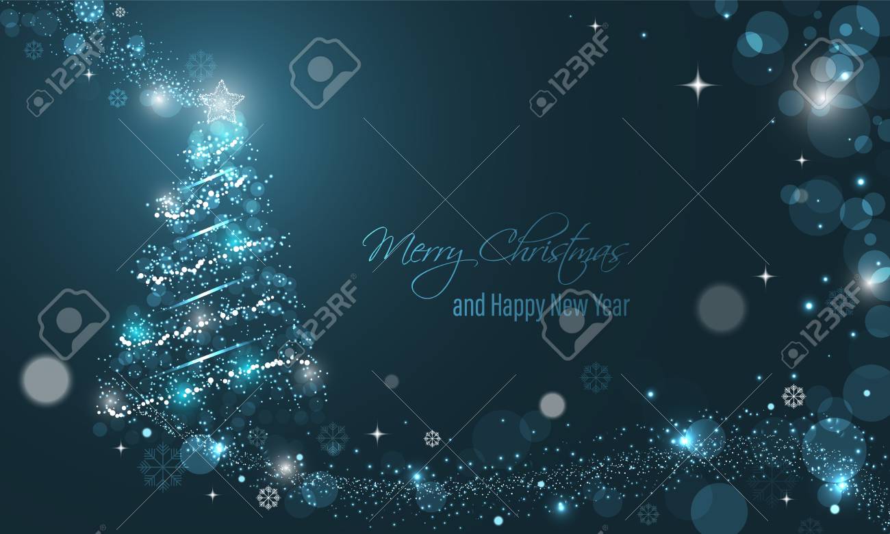 キラキラ 星 雪と冬の熱烈なベクトルの背景上の透明な円イルミネーション クリスマス ツリー メリー クリスマスと幸せな新年の願い のイラスト素材 ベクタ Image