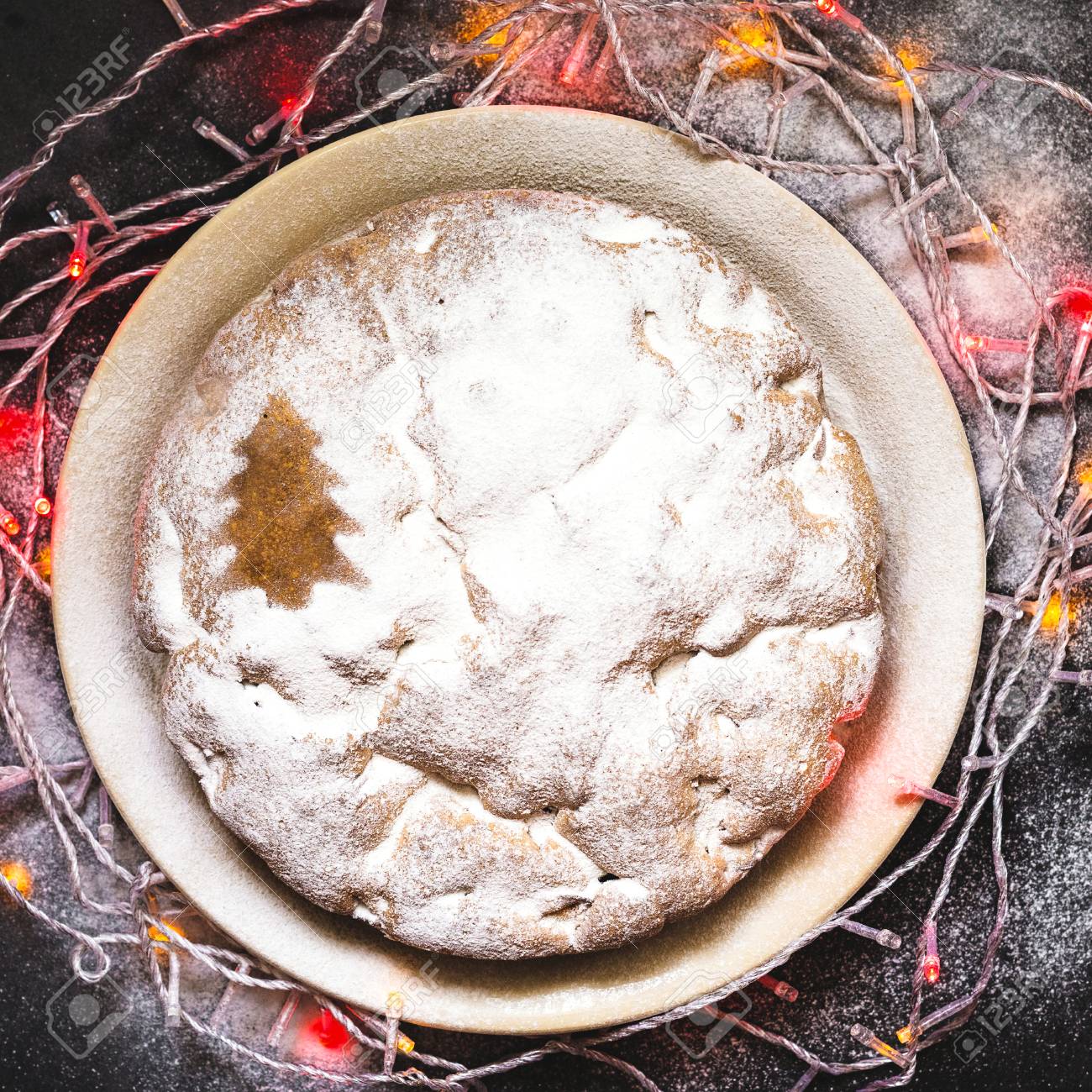 Apple Pie With Christmas Decorations On Dark Grey Background Stock