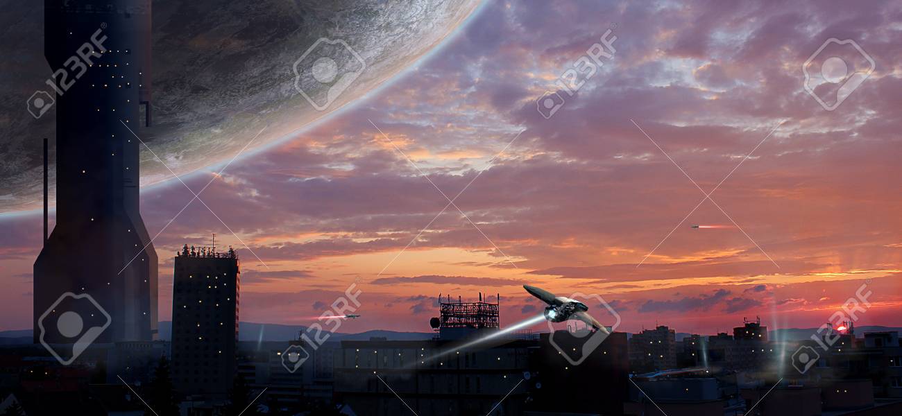近未来都市の地球と宇宙船、写真の操作の写真素材・画像素材